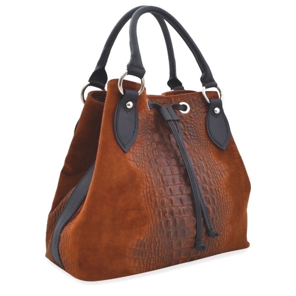 Borse in Pelle Womens Drawstring Bucket Tote OS Rust Suede Croc Embossed Leather